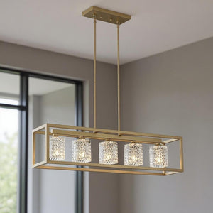 Brass Five Light Kitchen Island Chandelier with Clear Glass Shades Dimmable Fixture