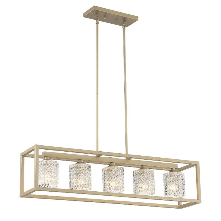 HomeRoots Brass Five Light Kitchen Island Chandelier with Clear Glass Shades Dimmable Fixture 485172