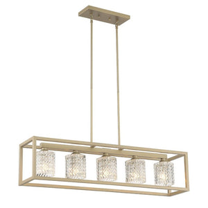 HomeRoots Brass Five Light Kitchen Island Chandelier with Clear Glass Shades Dimmable Fixture 485172