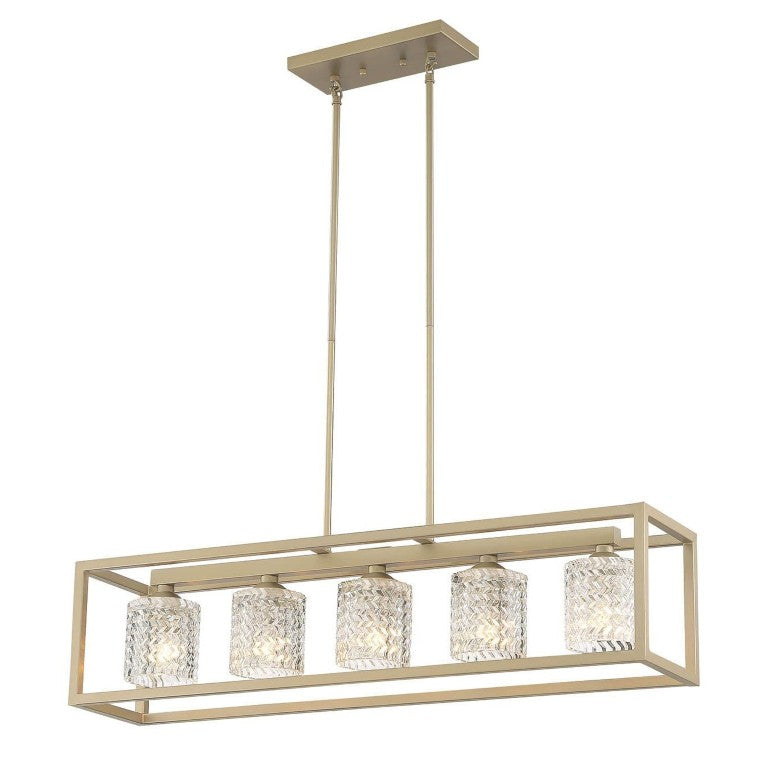 HomeRoots Brass Five Light Kitchen Island Chandelier with Clear Glass Shades Dimmable Fixture 485172