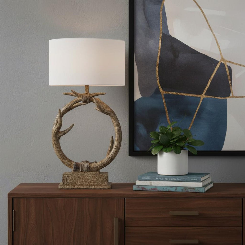 HomeRoots 27" Rustic Faux Antlers Table Lamp with White Drum Shade - Lodge-Style Lighting for Warmth & Charm 485189