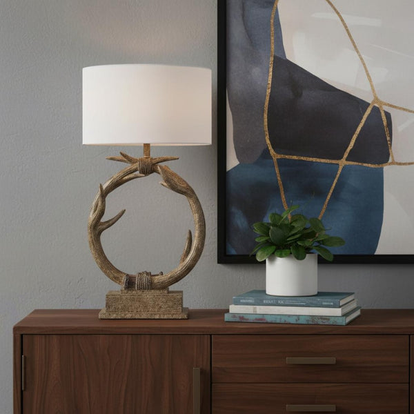 HomeRoots 27" Rustic Faux Antlers Table Lamp with White Drum Shade - Lodge-Style Lighting for Warmth & Charm 485189