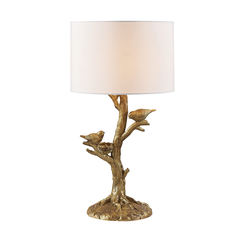 Homeroots 22" Golden Birds In A Tree Table Lamp With White Drum Shade   485190