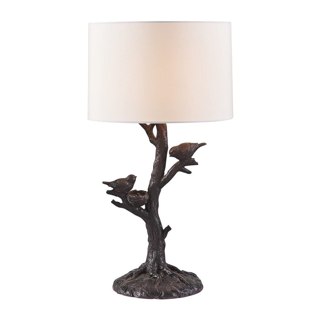 Homeroots 22" Dark Deep Red Birds In A Tree Table Lamp With White Drum Shade   485191