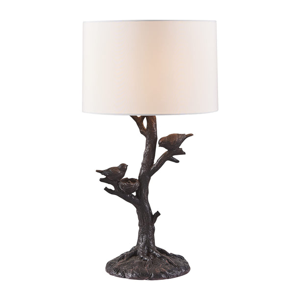 Homeroots 22" Dark Deep Red Birds In A Tree Table Lamp With White Drum Shade   485191