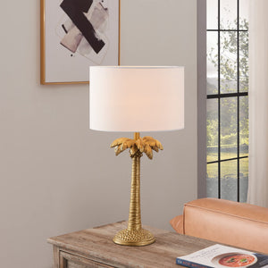 Homeroots 22" Gold Tropical Coconut Tree Table Lamp With White Drum Shade   485195