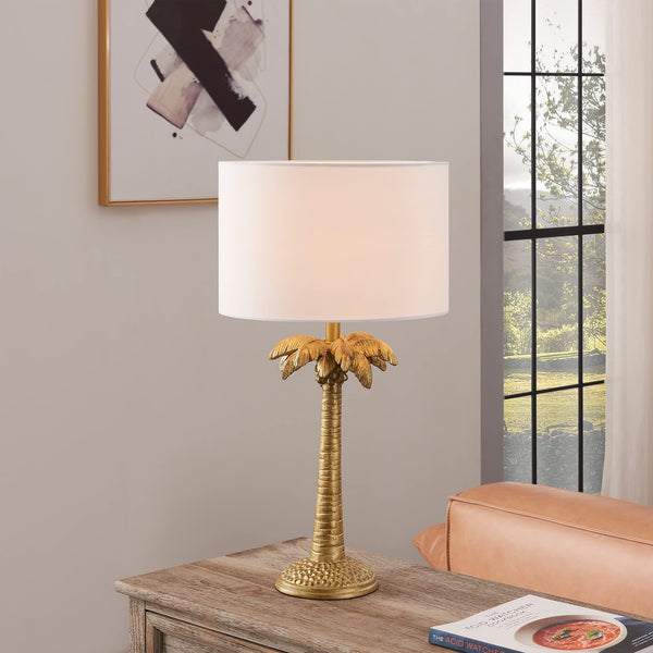 Homeroots 22" Gold Tropical Coconut Tree Table Lamp With White Drum Shade   485195