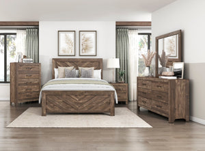 English Elm Rustic Queen Panel Bed with V-Pattern Headboard, 3D Paper Veneer Wood Look, Boxed Easy Assembly Rustic Brown 60.25 L x 39.75 W x 6.5 H B011P250472