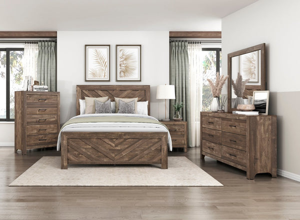 English Elm Rustic Queen Panel Bed with V-Pattern Headboard, 3D Paper Veneer Wood Look, Boxed Easy Assembly Rustic Brown 60.25 L x 39.75 W x 6.5 H B011P250472