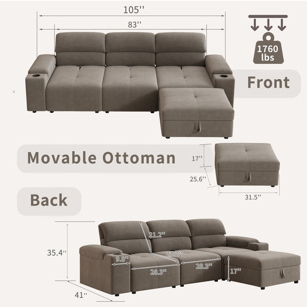 English Elm Modern Modular L-shaped sectional sofa 105-inch cloud deep-seat 4-seat cotton comfort with ottoman and storage Brown W3820S00009
