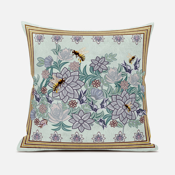 Homeroots 26x26 Light Green Purple Brown Bee Blown Seam Broadcloth Animal Print Throw Pillow   485221
