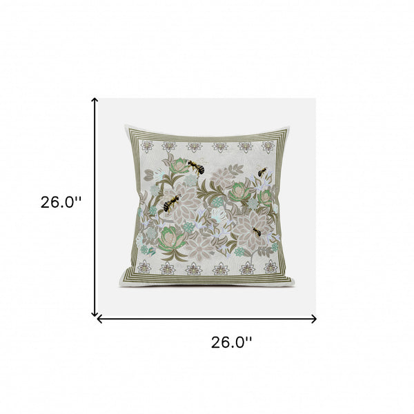 Homeroots 26x26 Beigeyellow Green Brown Bee Blown Seam Broadcloth Animal Print Throw Pillow   485241