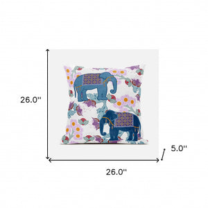 Homeroots 26x26 Blue Pink Gray Elephant Blown Seam Broadcloth Animal Print Throw Pillow   485251