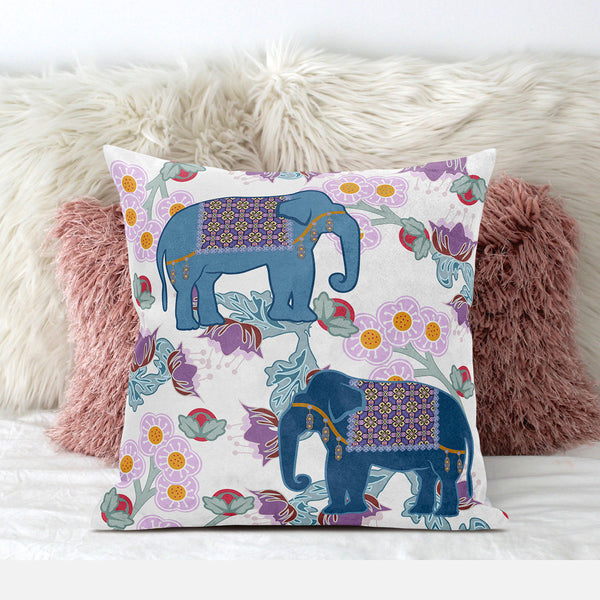 Homeroots 28x28 Blue Pink Gray Elephant Blown Seam Broadcloth Animal Print Throw Pillow   485252