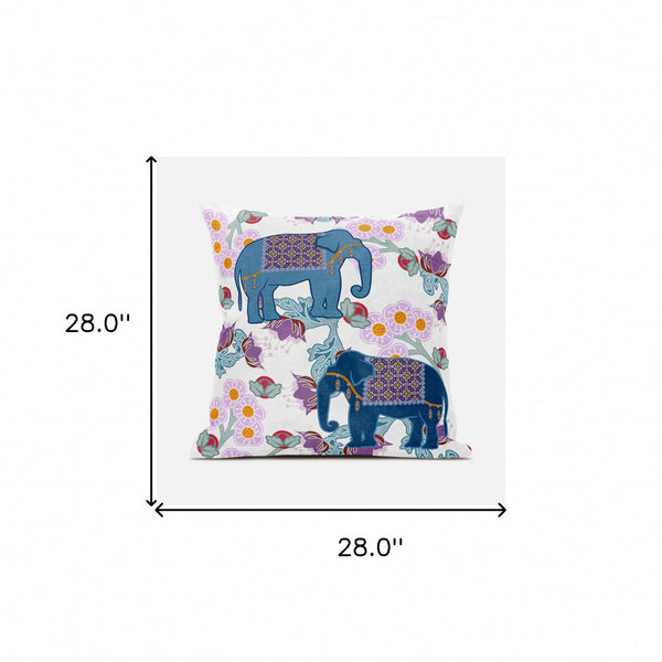 Homeroots 28x28 Blue Pink Gray Elephant Blown Seam Broadcloth Animal Print Throw Pillow   485252