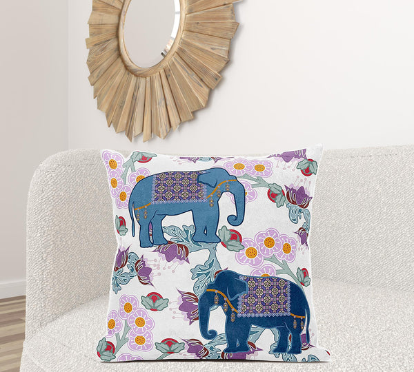 Homeroots 28x28 Blue Pink Gray Elephant Blown Seam Broadcloth Animal Print Throw Pillow   485252