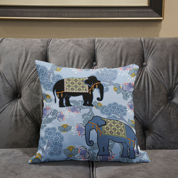 Homeroots 26x26 Sky Black White Elephant Blown Seam Broadcloth Animal Print Throw Pillow   485256