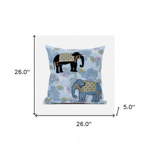 Homeroots 26x26 Sky Black White Elephant Blown Seam Broadcloth Animal Print Throw Pillow   485256