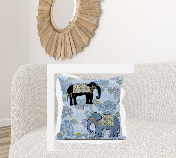 Homeroots 26x26 Sky Black White Elephant Blown Seam Broadcloth Animal Print Throw Pillow   485256