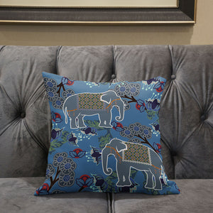 Homeroots 26x26 Blue White Elephant Blown Seam Broadcloth Animal Print Throw Pillow   485261