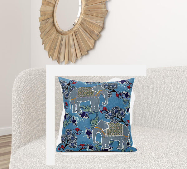 Homeroots 28x28 Blue White Elephant Blown Seam Broadcloth Animal Print Throw Pillow   485262