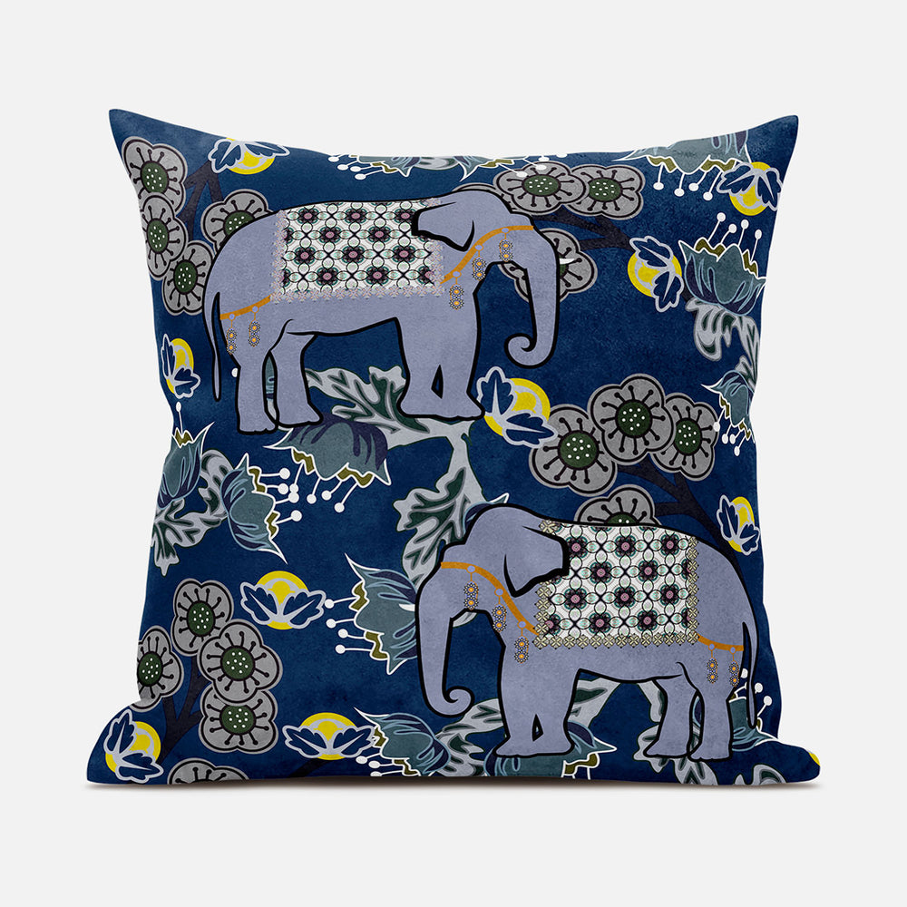 Homeroots 26x26 Gray Blue Brown Elephant Blown Seam Broadcloth Animal Print Throw Pillow   485266