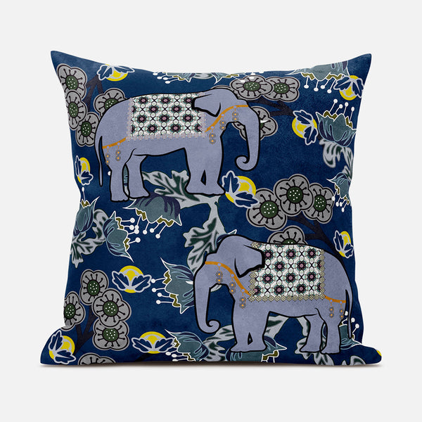 Homeroots 26x26 Gray Blue Brown Elephant Blown Seam Broadcloth Animal Print Throw Pillow   485266