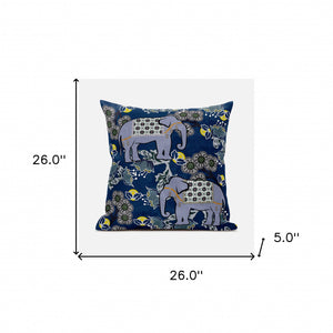 Homeroots 26x26 Gray Blue Brown Elephant Blown Seam Broadcloth Animal Print Throw Pillow   485266
