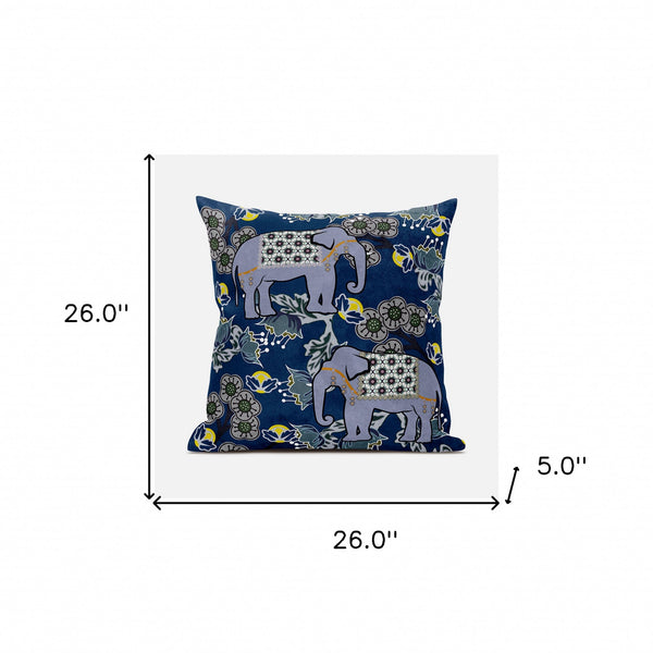 Homeroots 26x26 Gray Blue Brown Elephant Blown Seam Broadcloth Animal Print Throw Pillow   485266