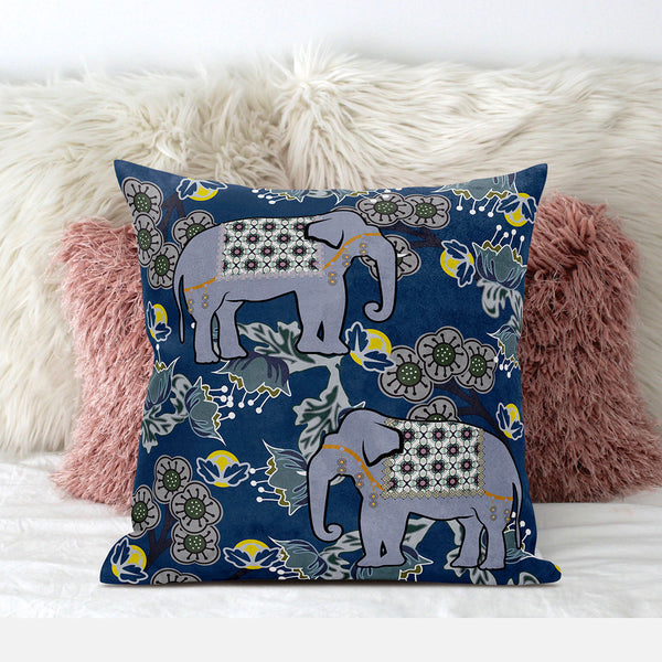 Homeroots 28x28 Gray Blue Brown Elephant Blown Seam Broadcloth Animal Print Throw Pillow   485267