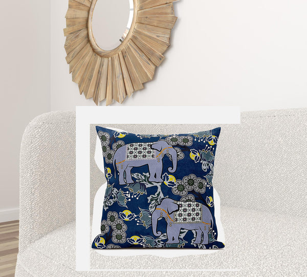Homeroots 28x28 Gray Blue Brown Elephant Blown Seam Broadcloth Animal Print Throw Pillow   485267