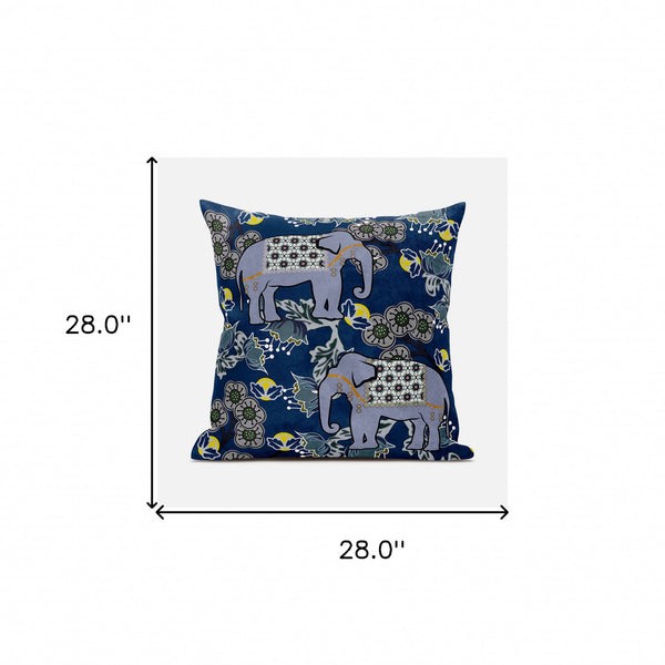 Homeroots 28x28 Gray Blue Brown Elephant Blown Seam Broadcloth Animal Print Throw Pillow   485267