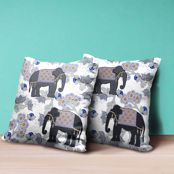 Homeroots 26x26 Gray Black Blue Elephant Blown Seam Broadcloth Animal Print Throw Pillow   485271