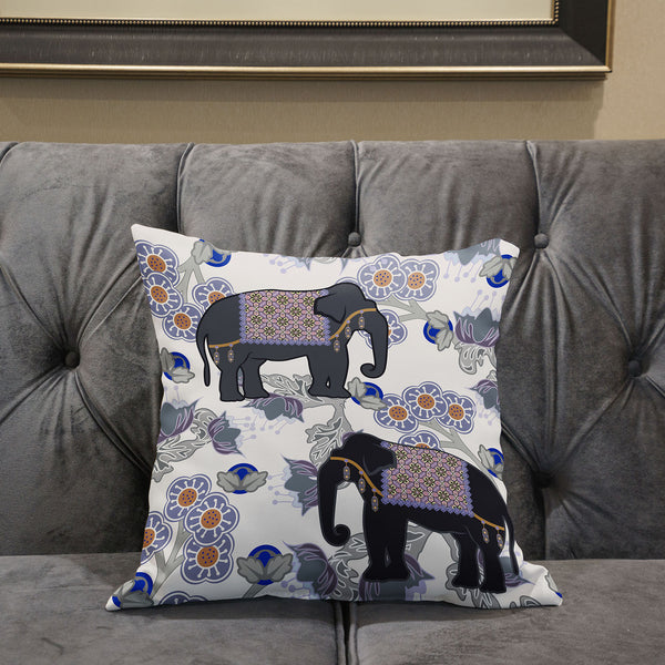 Homeroots 26x26 Gray Black Blue Elephant Blown Seam Broadcloth Animal Print Throw Pillow   485271