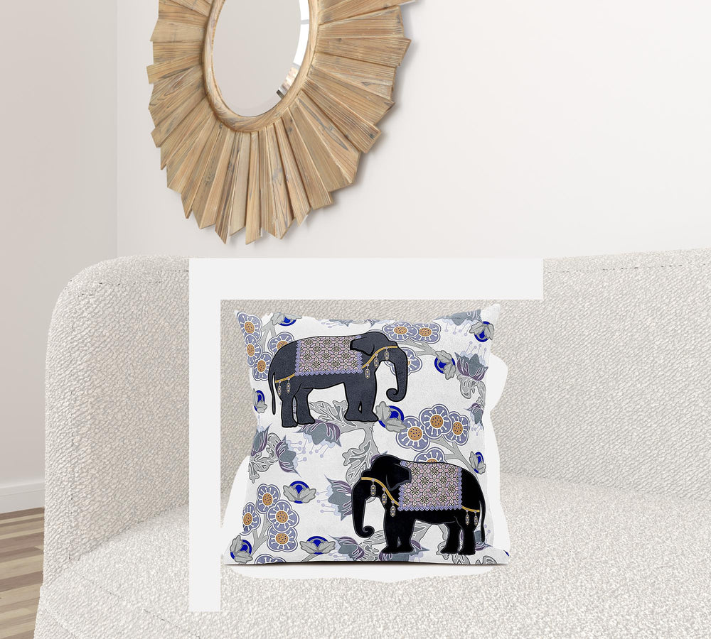 Homeroots 26x26 Gray Black Blue Elephant Blown Seam Broadcloth Animal Print Throw Pillow   485271