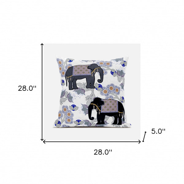 Homeroots 28x28 Gray Black Blue Elephant Blown Seam Broadcloth Animal Print Throw Pillow   485272