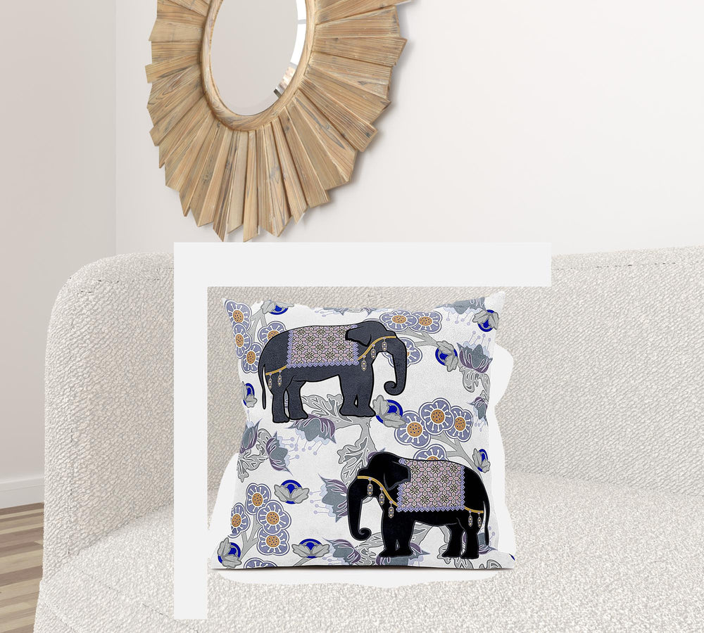 Homeroots 28x28 Gray Black Blue Elephant Blown Seam Broadcloth Animal Print Throw Pillow   485272