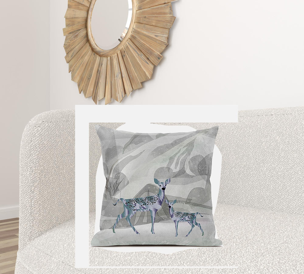 Homeroots 28x28 Gray Green Deer Blown Seam Broadcloth Animal Print Throw Pillow   485277