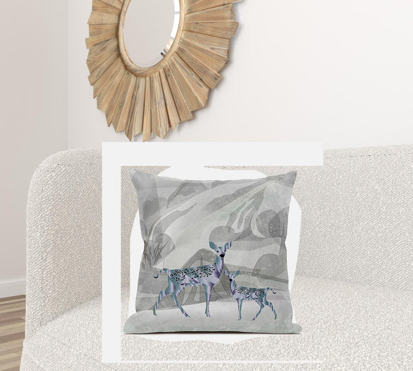 Homeroots 28x28 Gray Green Deer Blown Seam Broadcloth Animal Print Throw Pillow   485277