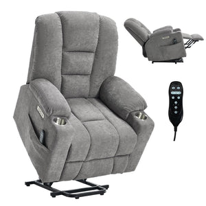 English Elm Emon's Overstuffed Chenille Power Lift Recliner with Massage Heat and Charging Ports Light Gray W1803S00091