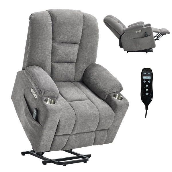 English Elm Emon's Overstuffed Chenille Power Lift Recliner with Massage Heat and Charging Ports Light Gray W1803S00091