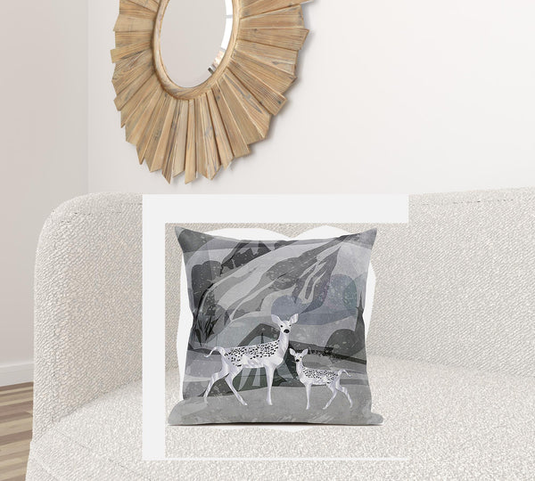 Homeroots 26x26 Silver Black Deer Blown Seam Broadcloth Animal Print Throw Pillow   485296