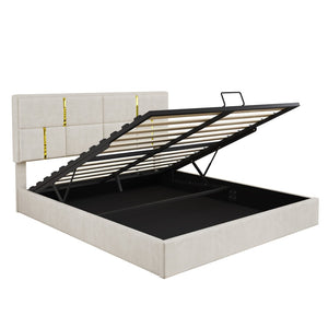 English Elm Queen Upholstered Storage Bed Gas Lift Platform with Gold Trim Pu Headboard N733S362241A