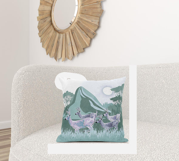 Homeroots 26x26 Green White Deer Blown Seam Broadcloth Animal Print Throw Pillow   485301