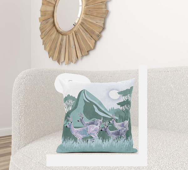 Homeroots 28x28 Green White Deer Blown Seam Broadcloth Animal Print Throw Pillow   485302