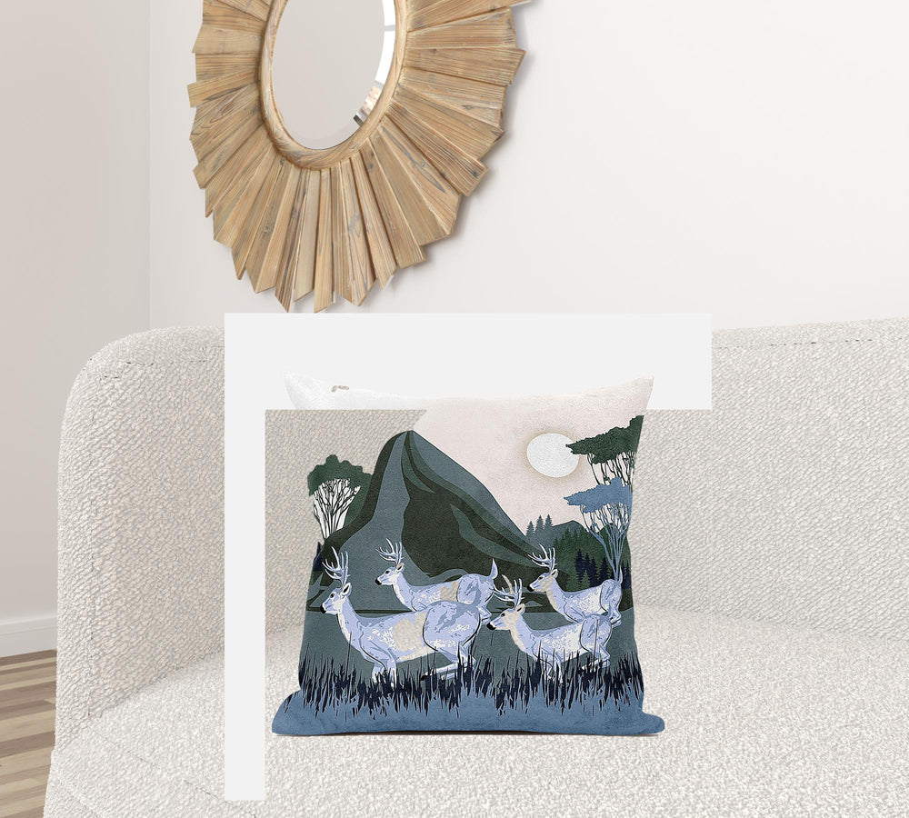 Homeroots 28x28 Blue Deer Blown Seam Broadcloth Animal Print Throw Pillow   485307