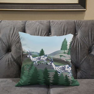 Homeroots 26x26 Green Blue Deer Blown Seam Broadcloth Animal Print Throw Pillow   485326