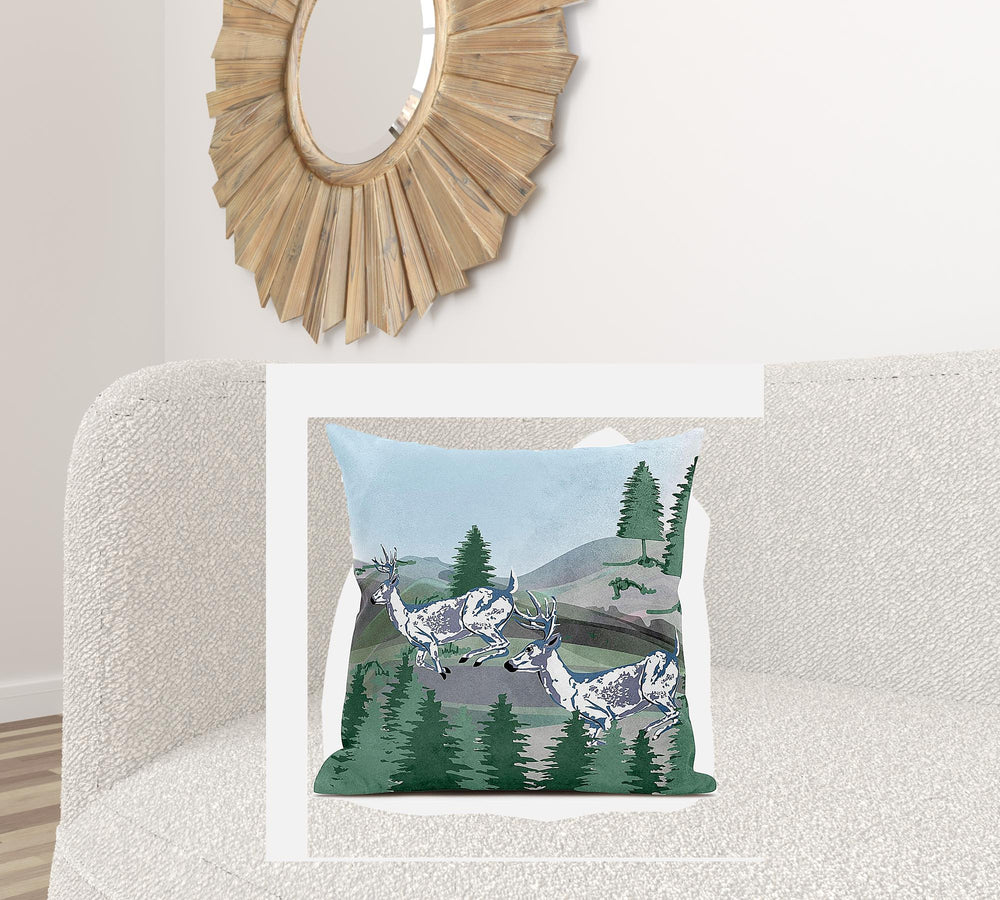 Homeroots 26x26 Green Blue Deer Blown Seam Broadcloth Animal Print Throw Pillow   485326