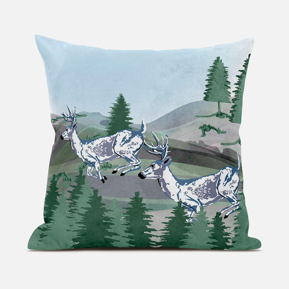 Homeroots 28x28 Green Blue Deer Blown Seam Broadcloth Animal Print Throw Pillow   485327