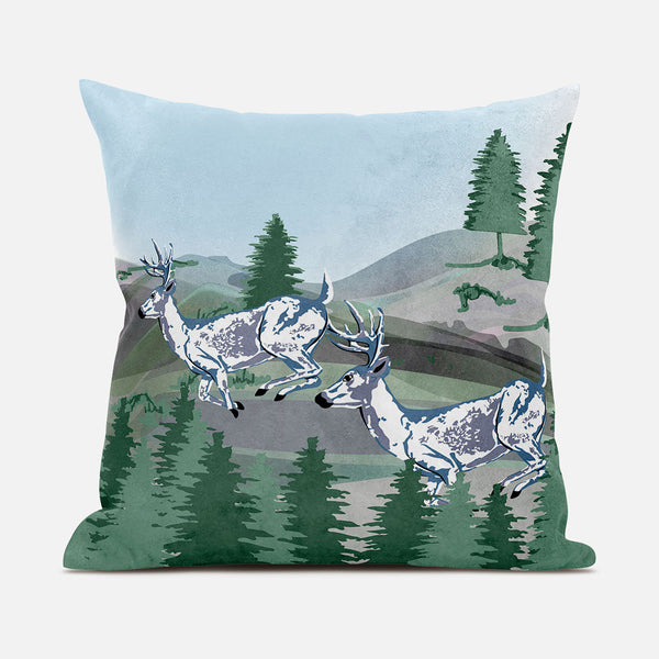 Homeroots 28x28 Green Blue Deer Blown Seam Broadcloth Animal Print Throw Pillow   485327
